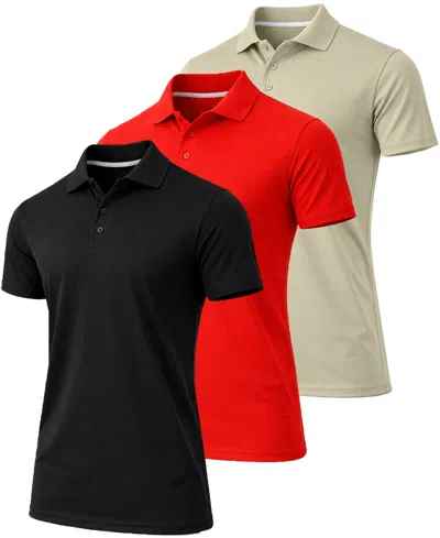 Galaxy By Harvic Men's Jump Start Short-sleeve Regular-fit Polo Shirt, 3-pack In Black-red-ivory