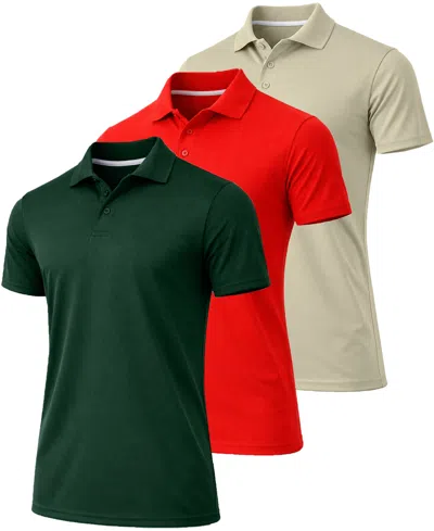 Galaxy By Harvic Men's Jump Start Short-sleeve Regular-fit Polo Shirt, 3-pack In Hunter-red-ivory