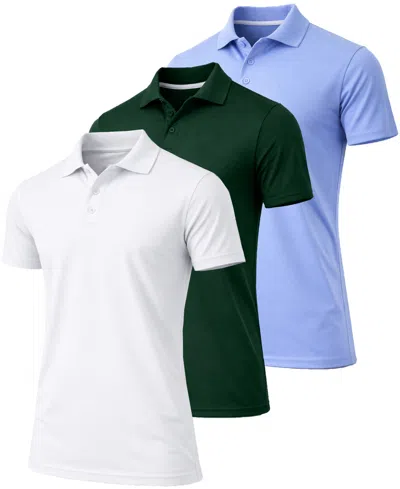 Galaxy By Harvic Men's Jump Start Short-sleeve Regular-fit Polo Shirt, 3-pack In White-hunter-light Blue