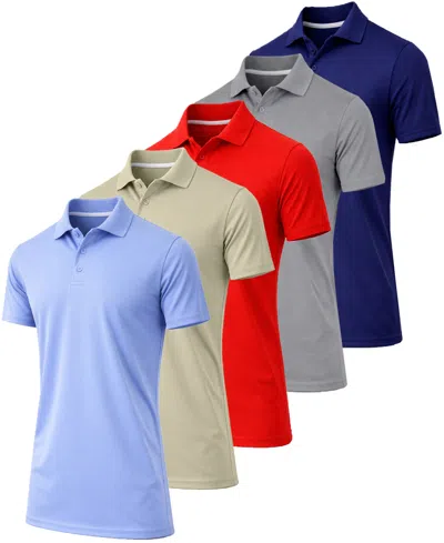 Galaxy By Harvic Men's Jump Start Short-sleeve Regular-fit Stretch-knit Polo Shirt, 5-pack In Light Blue-ivory-red-grey-navy