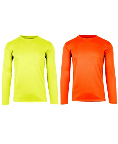 Galaxy By Harvic Men's Long Sleeve Moisture-wicking Performance Crew Neck Tee -2 Pack In Neon Green-neon Orange