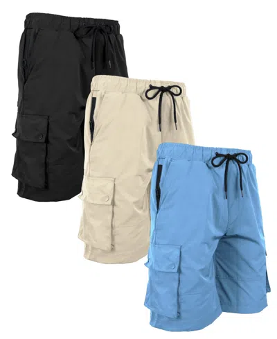 Galaxy By Harvic Men's Moisture Wicking Performance Quick Dry Cargo Shorts-3 Pack In Blk-sand-light Blue