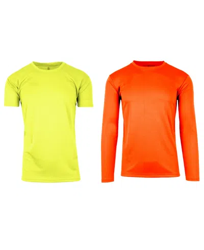 Galaxy By Harvic Men's Short Sleeve Long Sleeve Moisture-wicking Quick Dry Performance Crew Neck Tee-2 Pack In Neon Green-neon Orange
