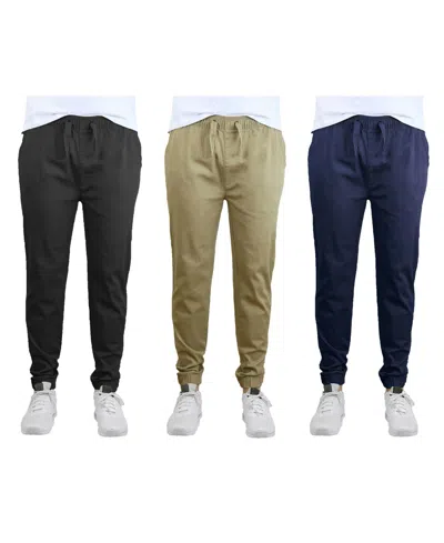 Galaxy By Harvic Men's Slim Fit Basic Stretch Twill Joggers, Pack Of 3 In Black,khaki And Navy