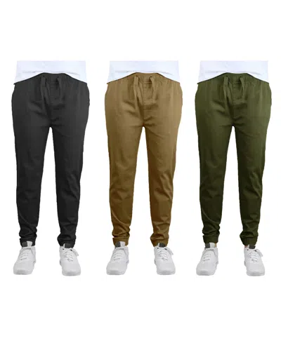 Galaxy By Harvic Men's Slim Fit Basic Stretch Twill Joggers, Pack Of 3 In Black,timber And Olive