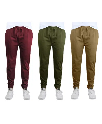 Galaxy By Harvic Men's Slim Fit Basic Stretch Twill Joggers, Pack Of 3 In Burgundy,olive And Timber