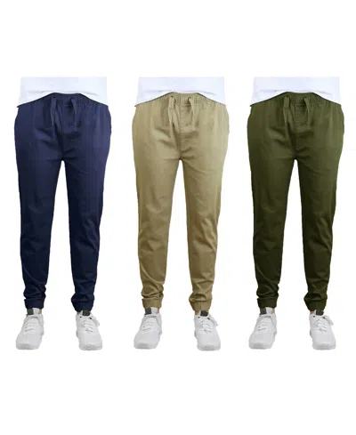 Galaxy By Harvic Men's Slim Fit Basic Stretch Twill Joggers, Pack Of 3 In Navy,khaki And Olive