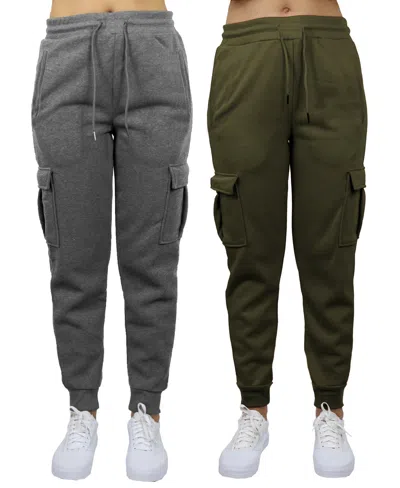 Galaxy By Harvic Women's Heavyweight Loose Fit Fleece Lined Cargo Jogger Pants Set, 2 Pack In Charcoal,olive
