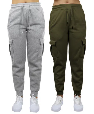 Galaxy By Harvic Women's Heavyweight Loose Fit Fleece Lined Cargo Jogger Pants Set, 2 Pack In Heather Gray,olive