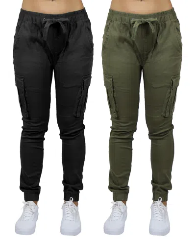Galaxy By Harvic Women's Loose Fit Cotton Stretch Twill Cargo Joggers Set, 2 Pack In Black,gray