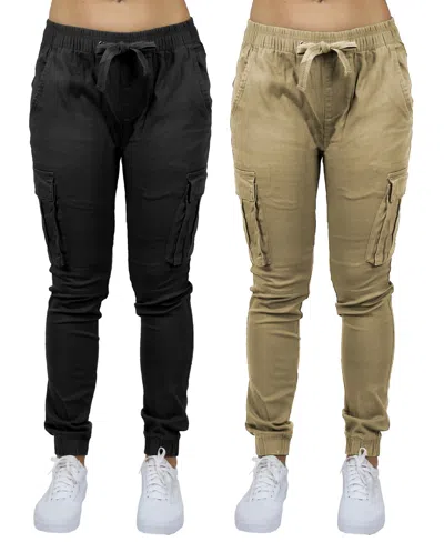 Galaxy By Harvic Women's Loose Fit Cotton Stretch Twill Cargo Joggers Set, 2 Pack In Black,khaki