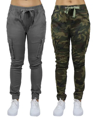 Galaxy By Harvic Women's Loose Fit Cotton Stretch Twill Cargo Joggers Set, 2 Pack In Gray,woodland