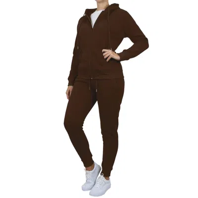 Galaxy By Harvic Women's Loose Fit Fleece-lined Full Zip Up Hoodie & Jogger 2-piece Set In Brown