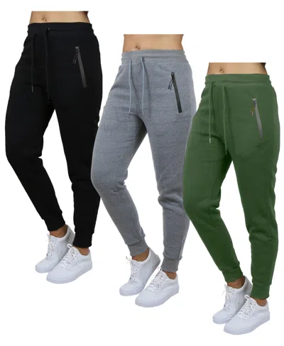 Galaxy By Harvic Women's Pro Star Loose Fit Fleece Lined Jogger Sweatpants 3-pack In Black-heather Gray-olive
