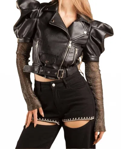 Galita Rhinestone Sleeve Leather Jacket In Black