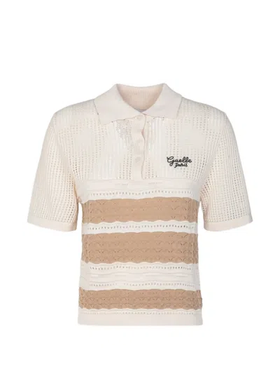 Gaëlle Open-knit Striped Polo Shirt In Neutral