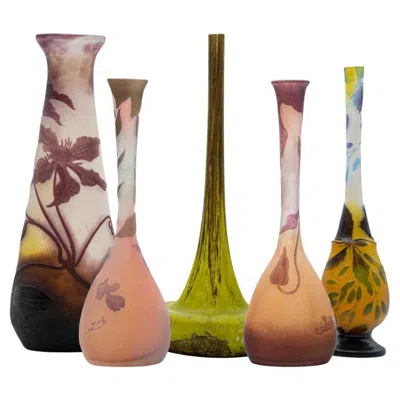 Pre-owned Gaëlle Set Of Daum And Galle Signed, Acid Etched Purple Green Pink Yellow Vases, 1910