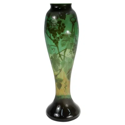 Pre-owned Gaëlle Very Large Antique Signed Gallé French Art Nouveau Green Cameo Art Glass Vase