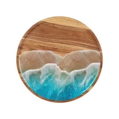 Gallerie Ii Blue Wave On Wood Lazy Susan Chip And Dip Round Serving Tray