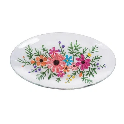 Gallerie Ii Botanical Floral Bouquet Slump Glass Spring Decorative Oval Dish Plate 7" X 12" In Pink