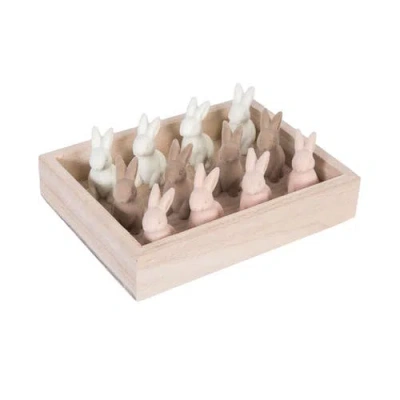 Gallerie Ii Flocked Natural Easter Bunnies In Box Set Of 12 Figurines In Brown