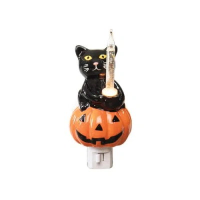 Gallerie Ii Halloween Black Cat Sitting On Pumpkin Bubble Nightlight In Multi