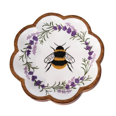 Gallerie Ii Lavender Floral Wreath & Bumble Bee Decorative Spring Wood Tray 8.66" In White