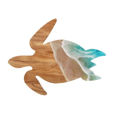 Gallerie Ii Sea Turtle Wave Coastal Wood Novelty Animal Shaped Serving Platter 12.5" X 16" In Blue