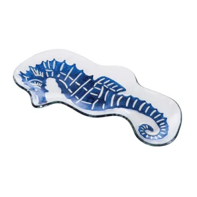 Gallerie Ii Seahorse Slump Glass Coastal Novelty Decorative Shaped Dish Plate 7.05" X 15" In Blue