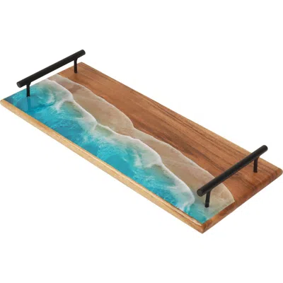 Gallerie Ii Wave Coastal Wood Novelty Rectangle Serving Tray With Handles In Blue