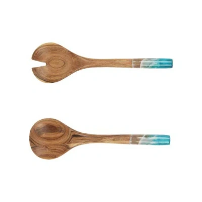 Gallerie Ii Wave Fork And Spoon Salad Coastal Wood Novelty Serving Utensils Set Of 2 In Blue