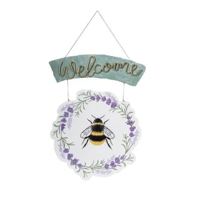 Gallerie Ii Welcome Lavender Bee Wreath Door Or Wall Sign Decor 11.81" X 20.08" In Green