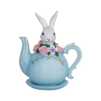 Gallerie Ii White Easter Bunny Blue Flower Teapot Decorative Figurine 6.5"