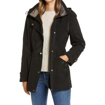 Gallery Cinched Waist Hooded Water Resistant Raincoat In Black