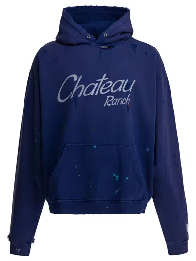 Gallery Dept. Chateau Ranch Distressed Paint-splattered Logo-print Supima Cotton-jersey Hoodie In Blue