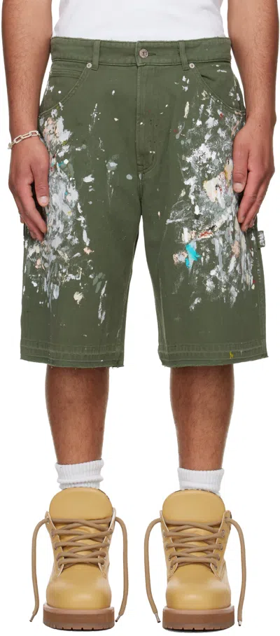 Gallery Dept. Wide-leg Paint-splattered Cotton-twill Shorts In Green