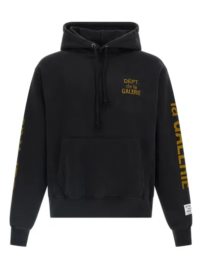 Gallery Dept. Logo Hooded Sweatshirt Front Pocket Ribbed Cuffs In Black