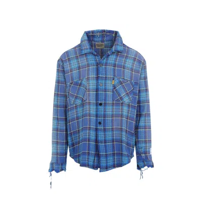 Gallery Dept. Plaid Flannel Shirt Frayed Hem In Blue