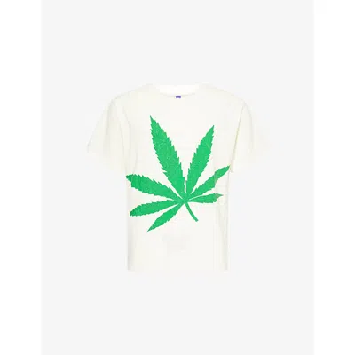 Gallery Dept. Mens Weed Glittered Graphic-print Cotton T-shirt Archival White