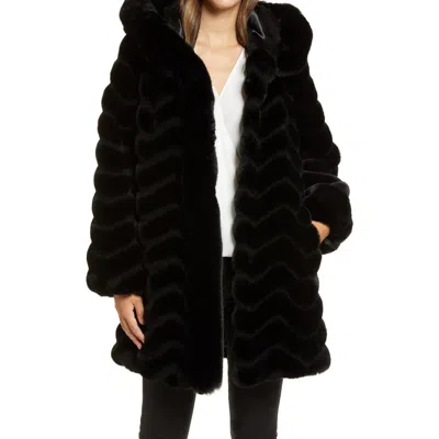 Gallery Grooved Faux Fur Hooded Jacket In Black