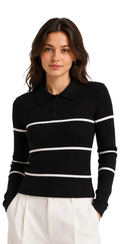 Gallery Seven Wool Blend Ribbed Contrast Stripe Polo Sweater In Black