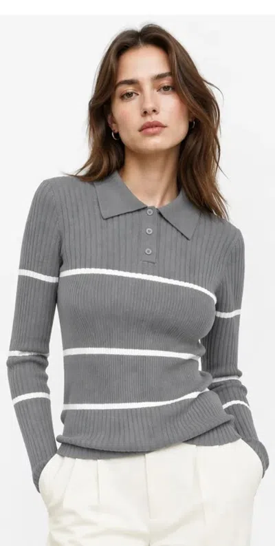 Gallery Seven Wool Blend Ribbed Contrast Stripe Polo Sweater In Medium Gray