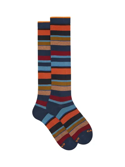 Gallo Long Blue Warm Cotton Socks With Multicoloured Stripes