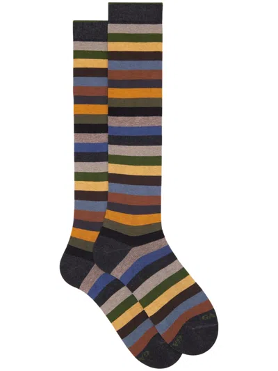 Gallo Long Warm Cotton Socks, Blue, Even Stripes In Multi