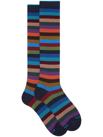 Gallo Long Warm Cotton Socks, Green, Even Stripes In Multi