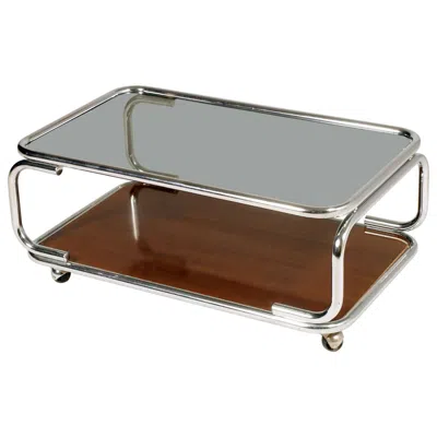 Pre-owned Gallotti & Radice 1960s Chrome Serving Trolley Coffee Table Smoked Glass Top & Faux Laminated Wood In Gray