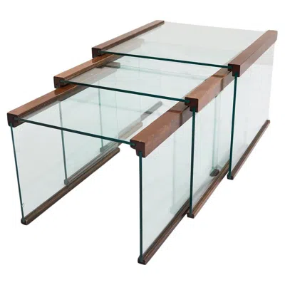 Pre-owned Gallotti & Radice Set Of 3 Nesting Tables In Tempered Glass And Rosewood, Gallotti In Brown