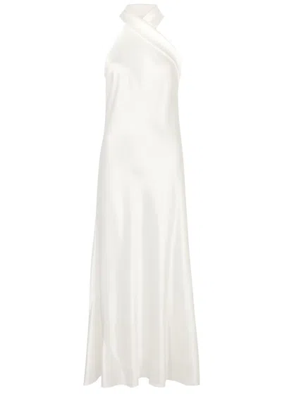 Galvan Cropped Pandora Satin Maxi Dress In Off White