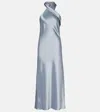 Galvan Cropped Pandora Satin Midi Dress In Blue