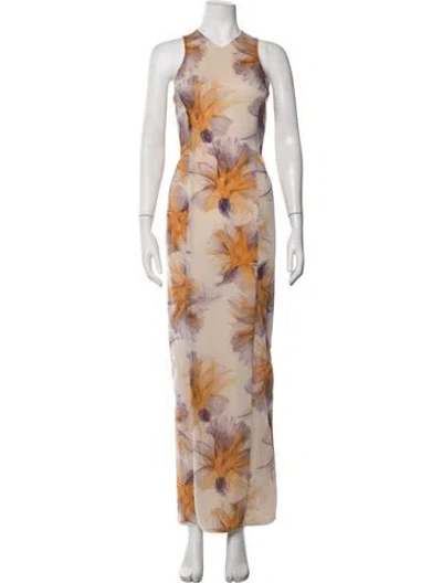 Pre-owned Galvan Floral Print Long Dress In Neutrals